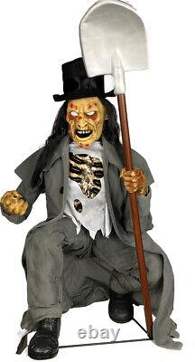 3Ft ANIMATED CROUCHING GRAVE DIGGER Zombie Lighted Halloween Prop Decoration-NEW
