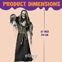 67 Halloween Animatronic Standing Grim Reaper Decor with Spooky and Light-Up Eyes