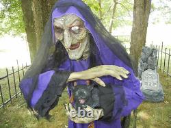 ANIMATED LIFE SIZE 6 FOOT WITCH with PET CEMETERY CAT TALKING HALLOWEEN PROP