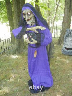 ANIMATED LIFE SIZE 6 FOOT WITCH with PET CEMETERY CAT TALKING HALLOWEEN PROP
