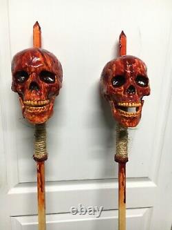 BLOODY RESIN Kid Size SKULL on Spikes CEMETARY HAUNTED HOUSE PROP DECORATION