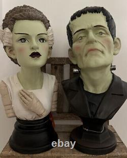 Frankenstein & Bride Of Frankenstein Halloween Statue Bust 13.5 Light Up Eyes