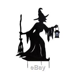 Halloween Metal Witch Silhouette with Solar Lantern Outdoor Yard Decoration Prop