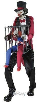 Rotten Ringmaster with Caged Clown Animated Prop Halloween Life Size Animatronic